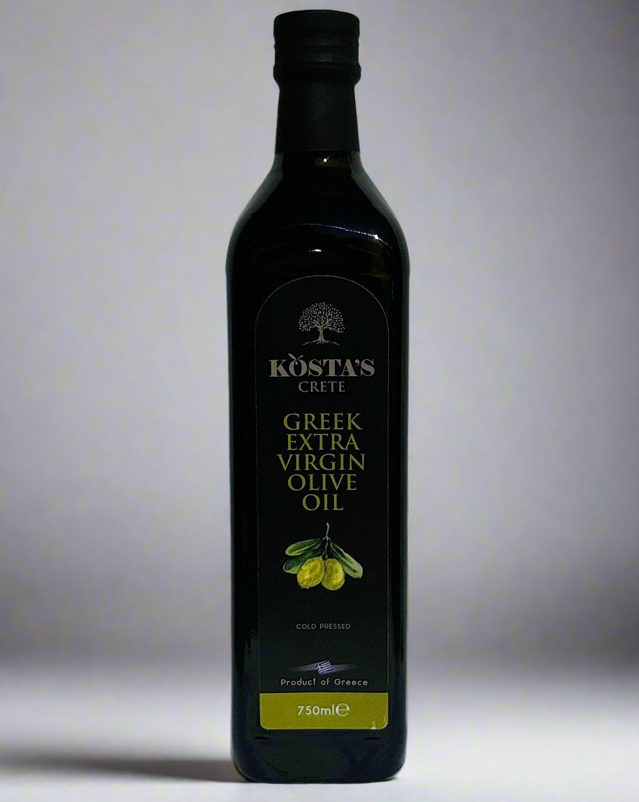 This is an image of Kostas olive oil's 750ml bottle of extra virgin olive oil.