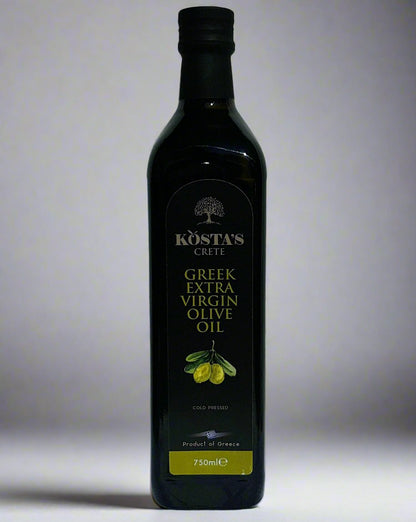 This is an image of Kostas olive oil's 750ml bottle of extra virgin olive oil.